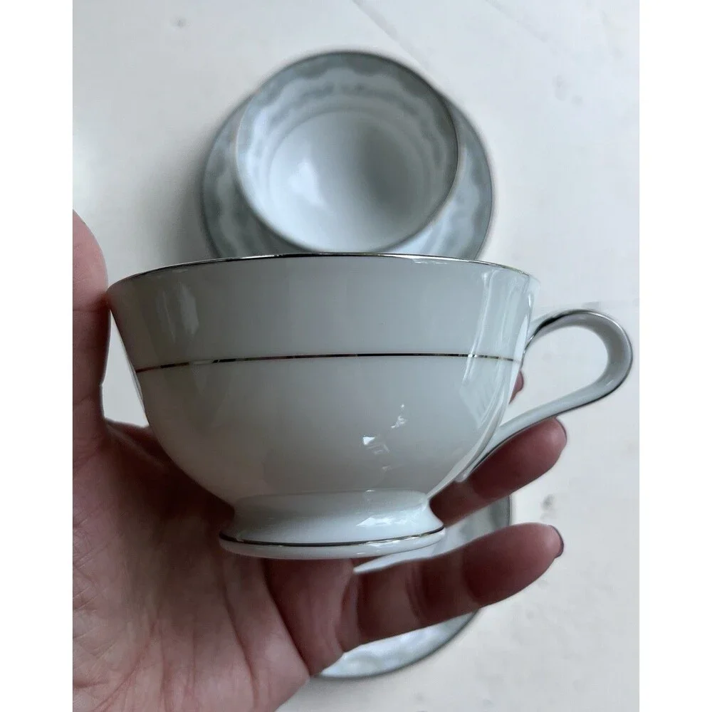 Set of 2 Vintage Noritake 6243 Margaret Tea Cup & Saucer Japan Silver Trim